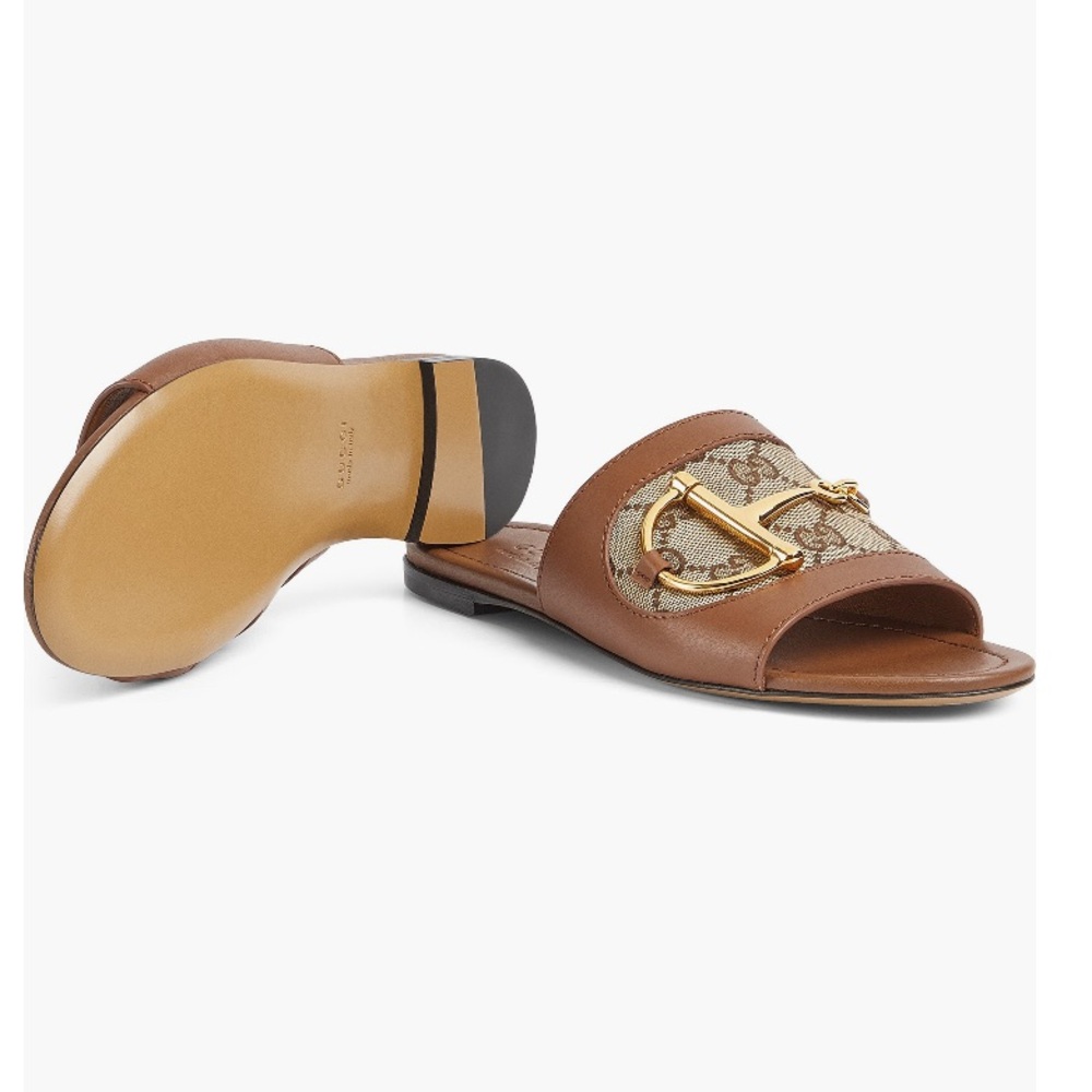 Gucci Alfa Horsebit GG Logo Canvas Leather Slide Sandals Brown EU 39.5 US 9.5